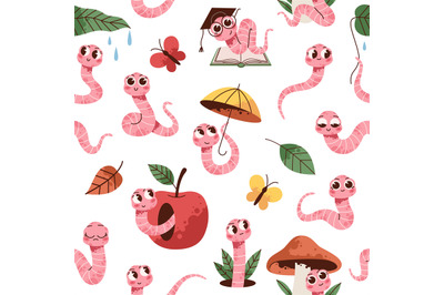 Soil worm characters seamless pattern. Funny earthworms with apple, mu