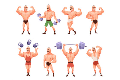 Cartoon bodybuilder character posing. Funny strong man with moustache