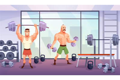 Man in gym. Sport workout in fitness club, muscular men characters, tr