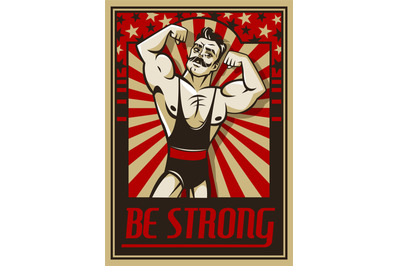 Man gym poster. Retro strongman character, sport workout advertisement