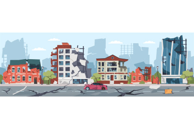 Natural disaster city illustration. Earthquake destruction. Cityscape