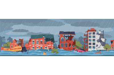 Damaged city landscape. Global flooding, cityscape damaged house facad