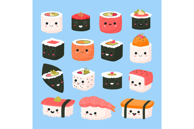 Cute sushi rolls. Kawaii funny japanese food characters, asian cuisine