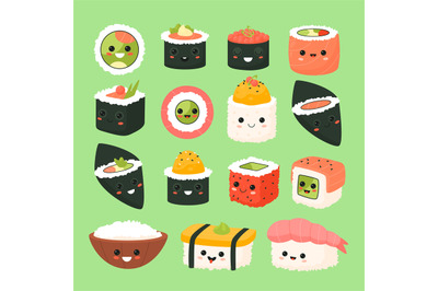 Funny japanese food. Rolls and sushi cartoon characters, kawaii comic