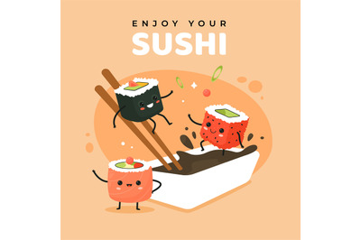 Cute comic sushi rolls poster. Little funny cartoon food characters ju