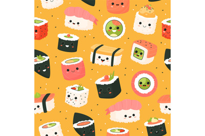 Cute sushi rolls seamless pattern. Cartoon funny foods characters, yum