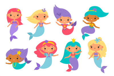 Cute mermaids. Little funny underwater princesses, pretty colorful gir