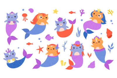 Mermaids cats. Little funny kittens with fish tails and scales&2C; cute f