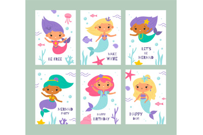 Cute mermaids cards. Girly birthday posters, funny little underwater p