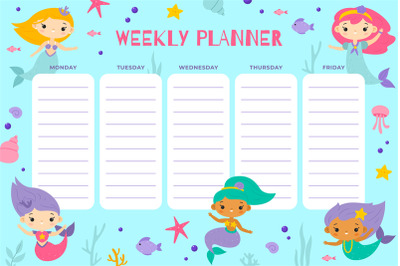 Cute mermaid weekly planner. Funny girly school schedule, little under