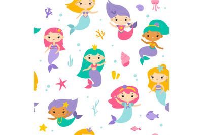 Cute seamless mermaids pattern. Funny little underwater princesses wit