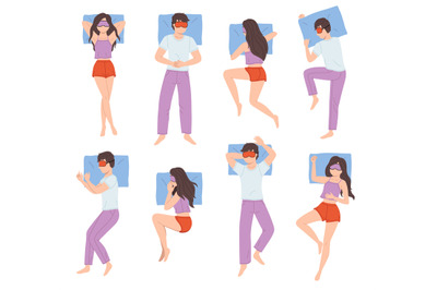 People sleep poses. Men and women in different sleeping positions, gir