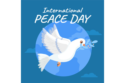 Day of peace poster. World hope international holiday. White bird with