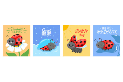 Cartoon ladybug cards. Baby pretty insects, childish cartoon beetle ch