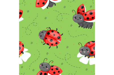 Cartoon ladybugs seamless pattern. Red colorful beetles with black pol