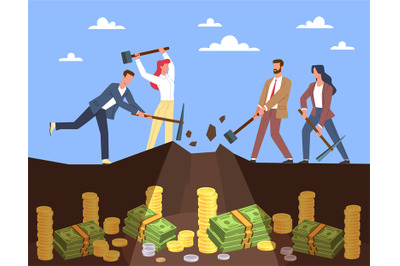 Extraction of money. People mining gold coins and stacks of currency,