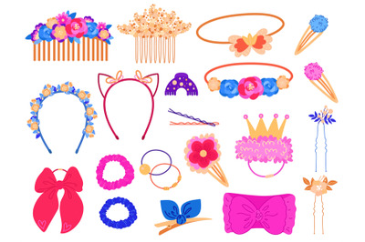 Hairstyles accessories. Glamour female style elements, girly barrettes