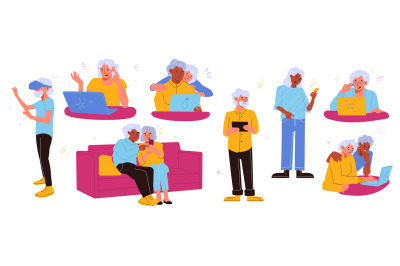 Modern senior people gadgets. Happy elderly characters with different