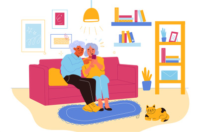 Senior people gadgets in room. Happy elderly couple on sofa in living