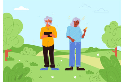 Senior people gadgets outdoor. Elderly persons use tablet and phone in