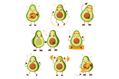 Cartoon avocado. Sport and daily activity, healthy cute characters wit