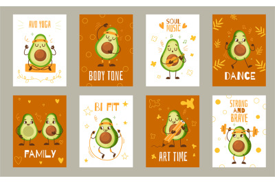 Cartoon avocado cards. Cute comic character, healthy lifestyle, sporti