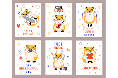 Cute hamsters cards. Funny fluffy animal character, different actions