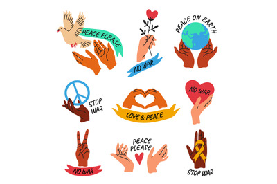 Hands peace emblems. Peaceful icons with texts, human arms hold differ