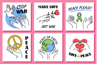 Hands peace cards. Doodle style peaceful posters with human arms and d