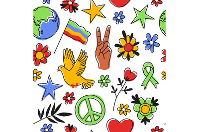 Peace symbols seamless pattern. 60s hippie psychedelic wallpaper, repe