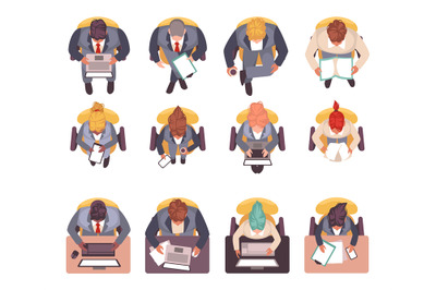 Sitting business people top view. Office employees sitting at desks on