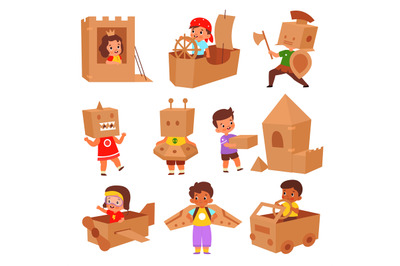 Kids cardboard game. Cute little children play with boxes, build castl