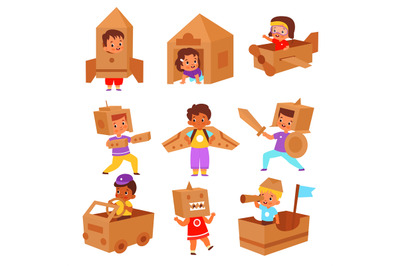 Kids cardboard boxes. Cartoon children characters make cardboard objec