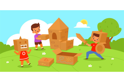 Kids play cardboard boxes. Children outdoor activity&2C; funny game in na