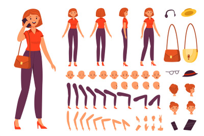 Cartoon female character kit. Young woman with individual body parts c