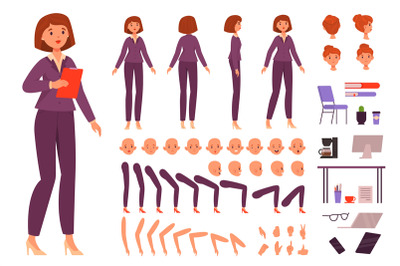 Cartoon business woman kit. Female character, strict office suit, sepa