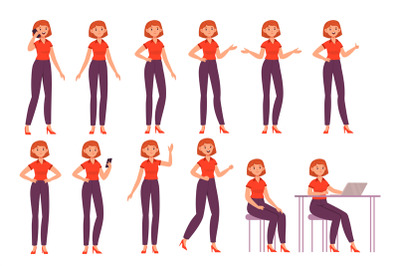 Cartoon female character poses. Happy woman in different poses, action