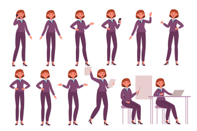 Cartoon business woman poses. Professional office employee female char