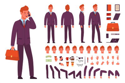 Cartoon businessman character kit. Office employee different poses, va