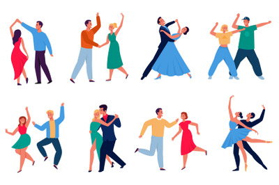 Cartoon dancing couples. Different dancers performing, happy persons i