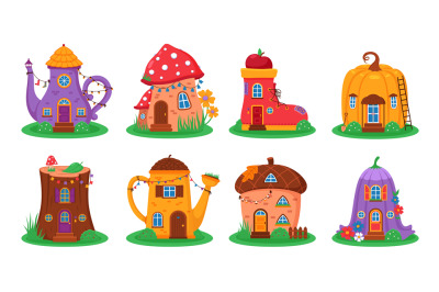 Cartoon fantasy houses. Cute fairy little homes&2C; funny different shape