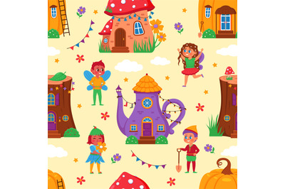 Magic houses seamless pattern. Little funny homes, fabulous creatures