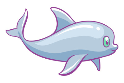 Dolphin character. Friendly shiny animal in cute cartoon style