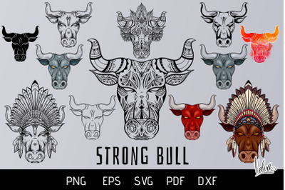 Vector set of Strong Bulls head with ornaments - 12 variations