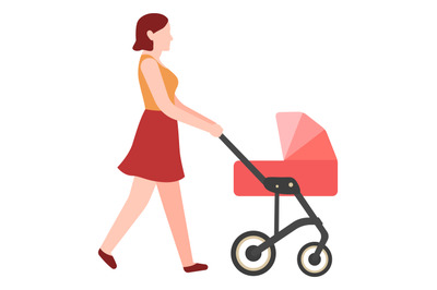 Woman walking with stroller. Young mother pushing pram