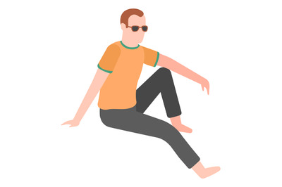 Sitting guy in sunglasses thinking. Flat man character