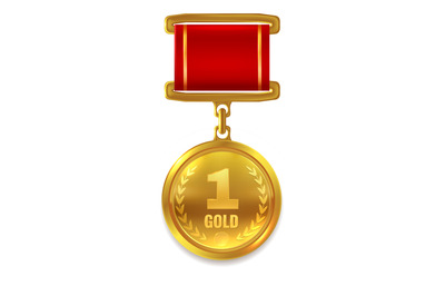 First place golden round badge on red ribbon