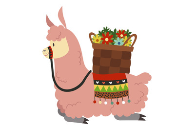 Cute lama with flowers basket. Funny cartoon animal