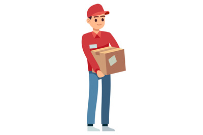 Man with cardboard box. Carrier or delivery guy icon