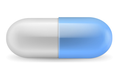 Blue drug pill. Realistic capsule. Pharmaceutical pack